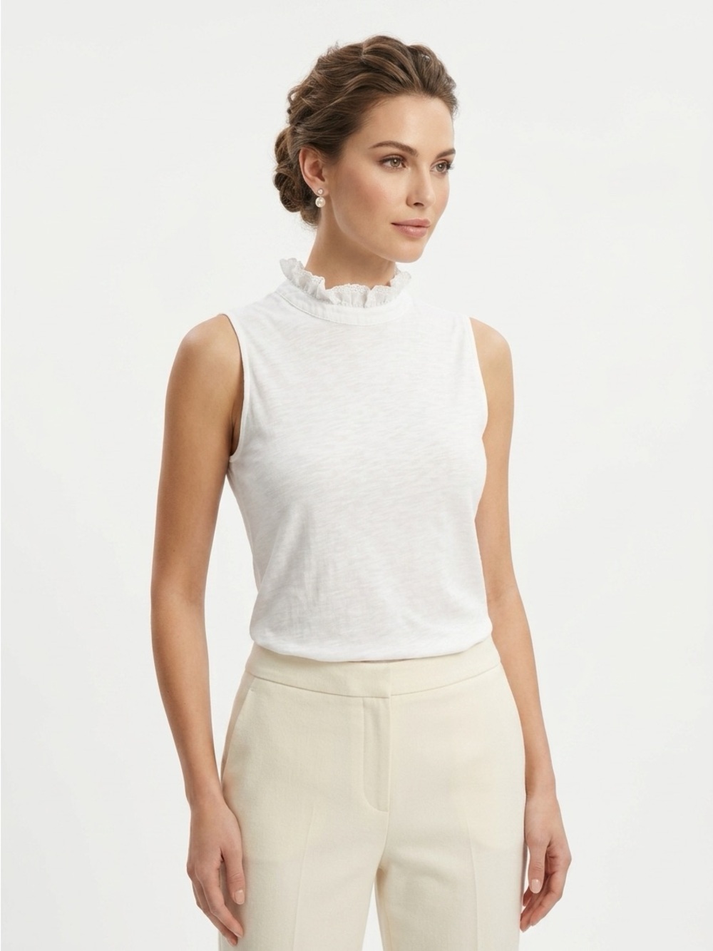 ME+EM Cheesecloth Ruffle Sleeveless Blouse Cotton White US 10